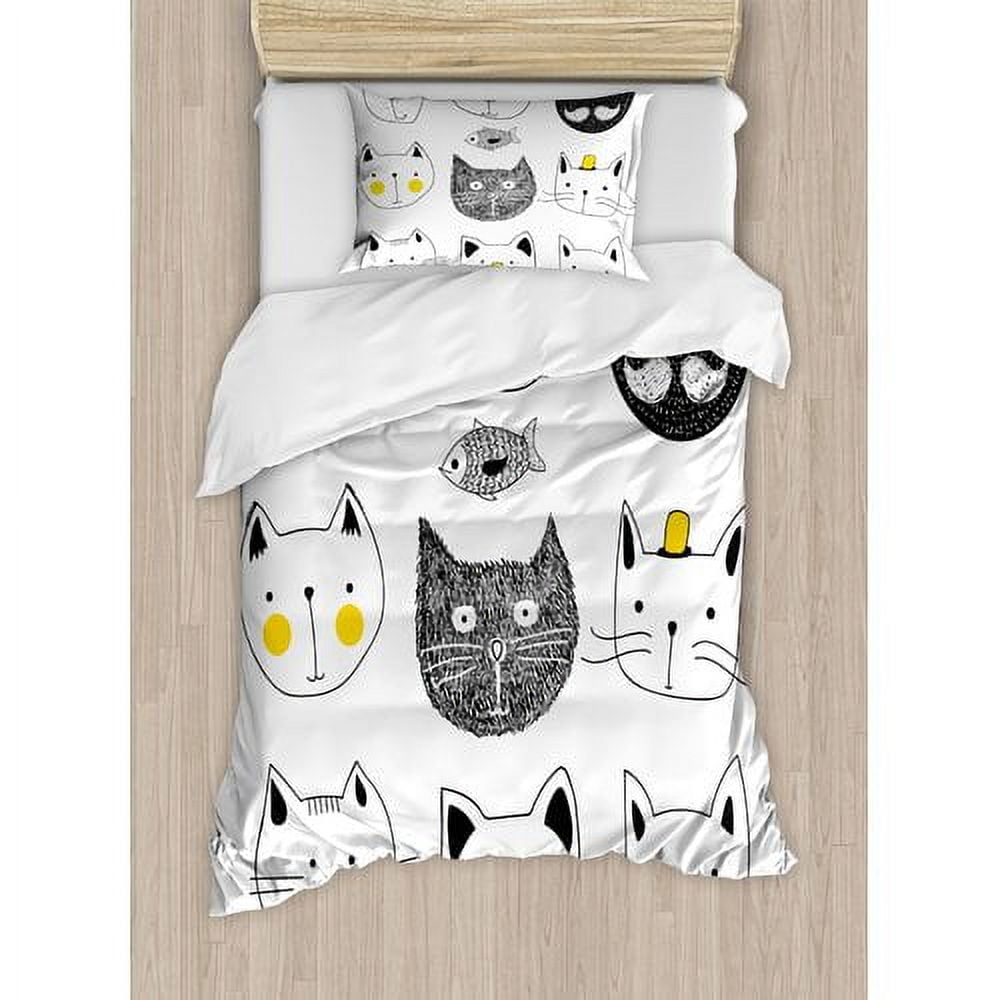 Twin Black and White Cat Print Duvet Cover Set