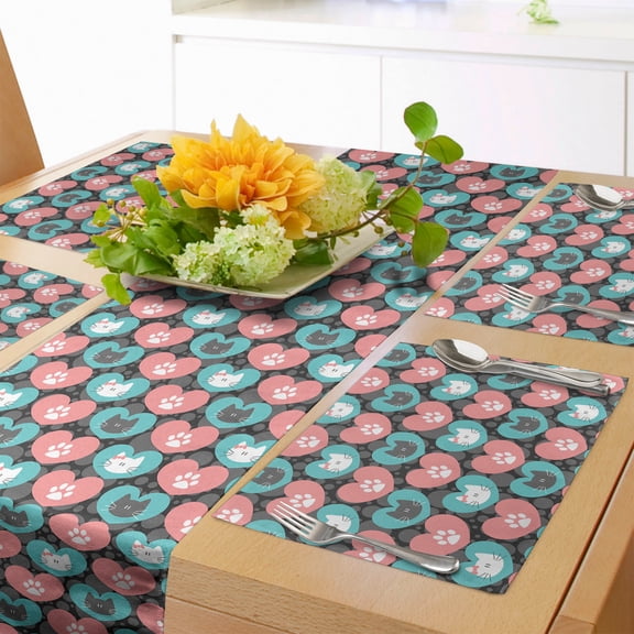 Ambesonne Cat Table Runner & Placemats, Kitten Portrait Heart, Placemat 4 pcs + Runner 14"x72", Sea Green Pale Pink