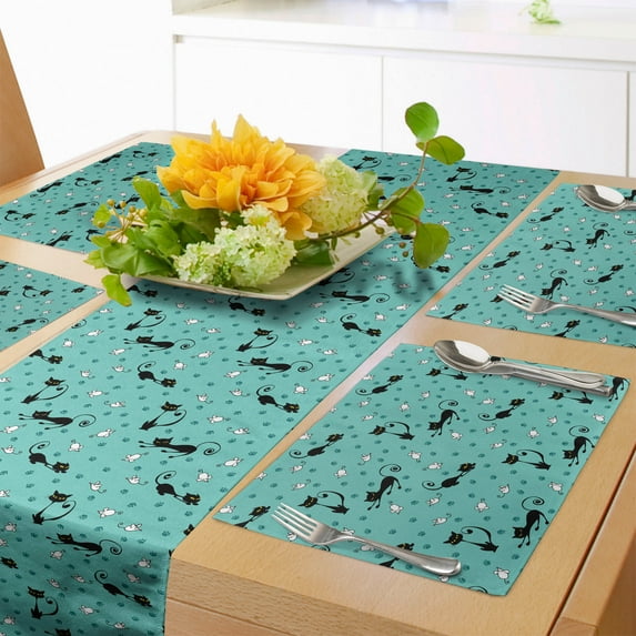 Ambesonne Cat Table Runner & Placemats, Mice Paw Prints Fun Cartoon, Placemat 4 pcs + Runner 14"x72", Seafoam Black White