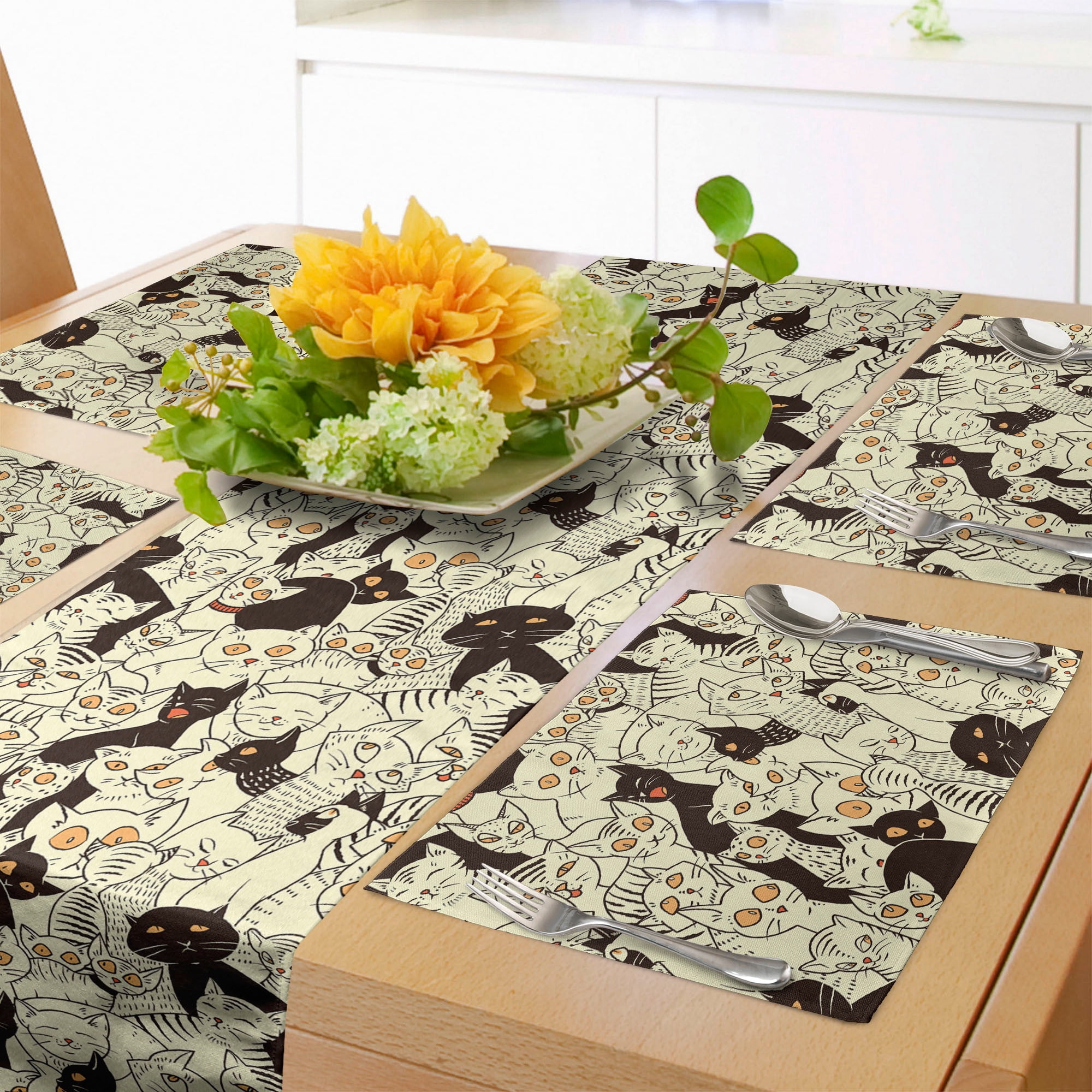 Ambesonne Cat Table Runner & Placemats, Sketch Style Kitten Design ...