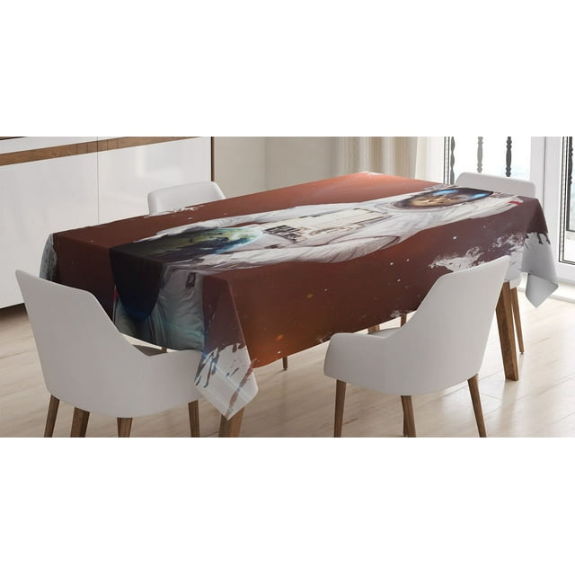 Ambesonne Cat Tablecloth Rectangular Table Cover, Astronaut Funny Design, 60"x84", Red White