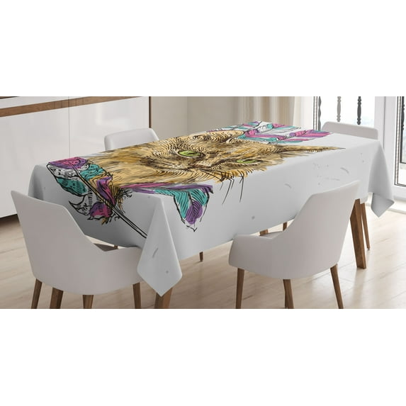 Ambesonne Cat Tablecloth Rectangular Table Cover, Cat with Colorful Feathers, 60"x90", Multicolor
