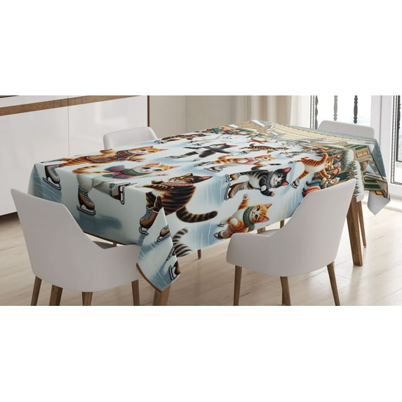 Ambesonne Cat Tablecloth Rectangular Table Cover, Cheery Kitties Ice Skating Fun, 60"x84", Orange Brown Pale Blue