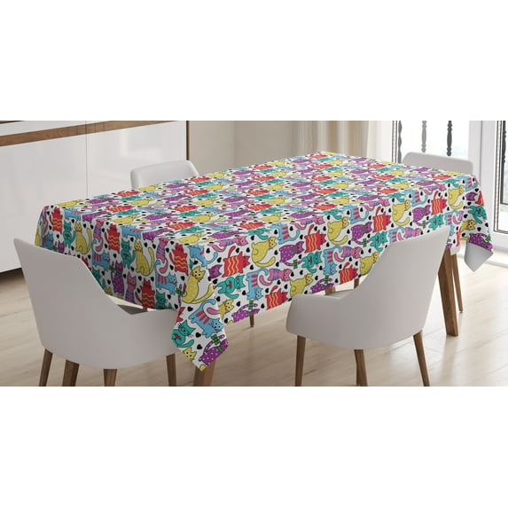 Ambesonne Cat Tablecloth Rectangular Table Cover, Colorful Romantic Mascots, 52"x70", Multicolor