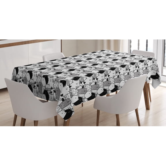 Ambesonne Cat Tablecloth Rectangular Table Cover, Doodle Characters, 60"x90", Black White