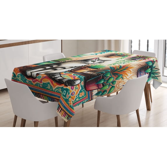 Ambesonne Cat Tablecloth Rectangular Table Cover, Painting Boho Cozy Scene Kitty, 52"x70", Jade Green Grey Orange