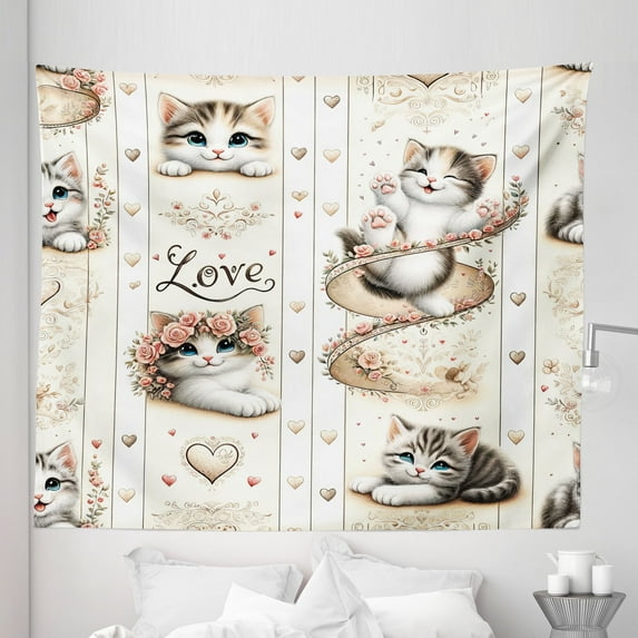 Ambesonne Cat Tapestry King Size, Vintage Smiling Blue Eyed Kitty, 104"x88", Ivory Pale Brown Grey
