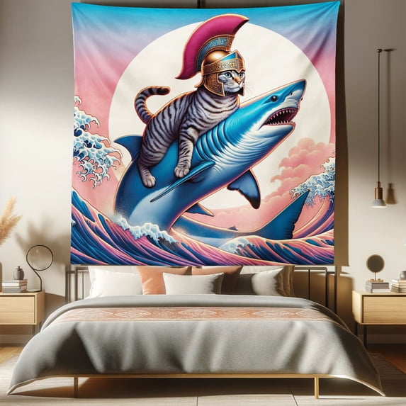 Ambesonne Cat Tapestry Queen Size, Ancient Greek Kitty on Shark, 88"x88", Blue and Pale Pink