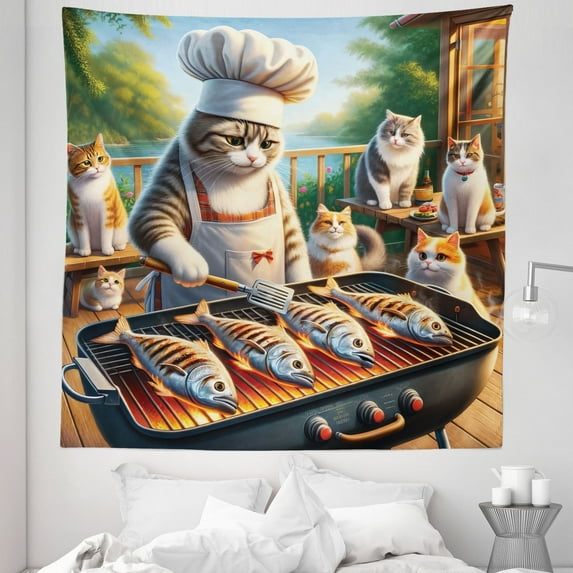 Ambesonne Cat Tapestry Queen Size, Funny Chef Kitty Grilling Fish, 88"x88", Green Orange