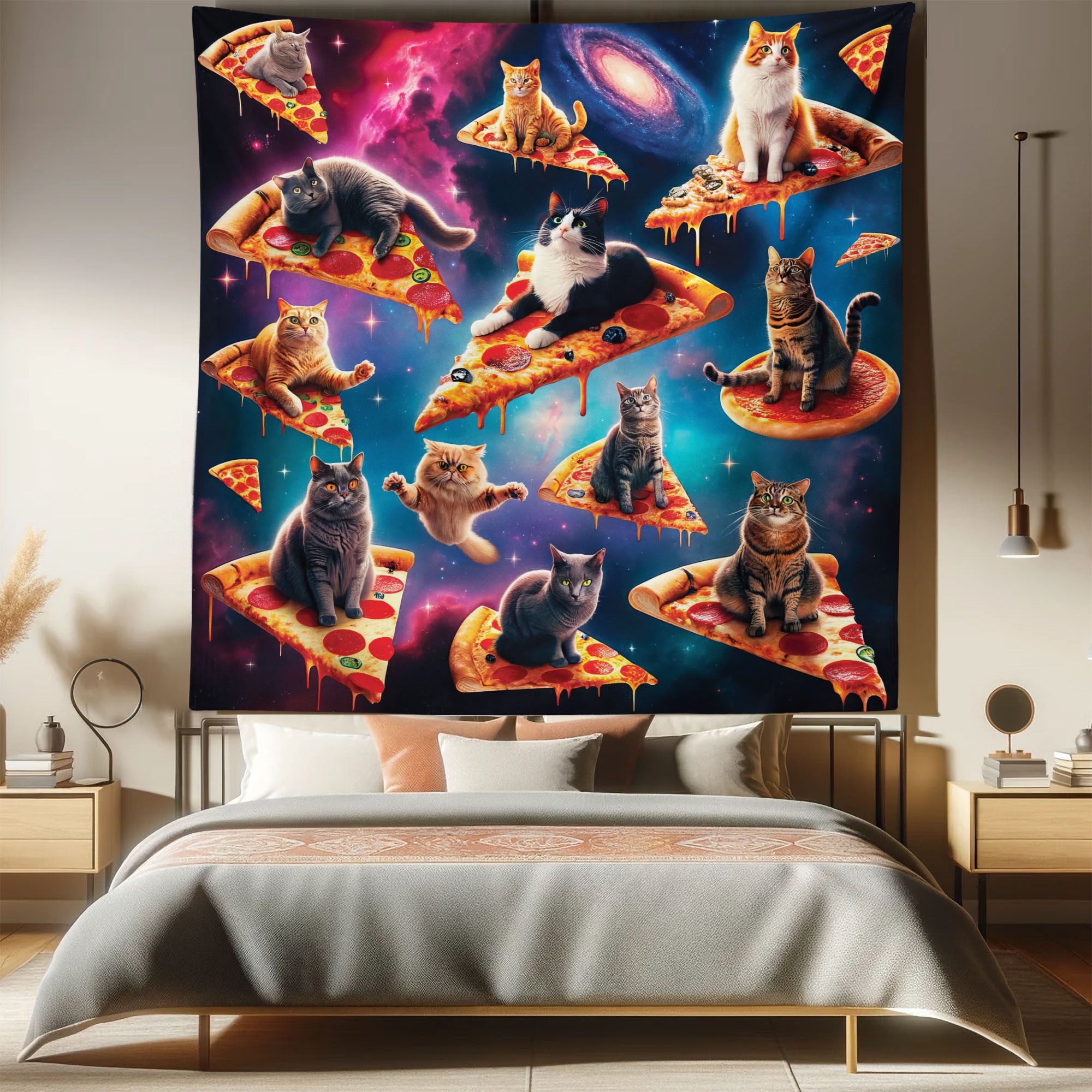 Ambesonne Cat Tapestry Queen Size Humorous Space Kitty on Pizza 88 x88
