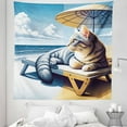 thumbnail image 1 of Ambesonne Cat Tapestry Queen Size, Sunbathing Kitten Seaside Shore, 88"x88", Blue Pale Mustard, 1 of 2