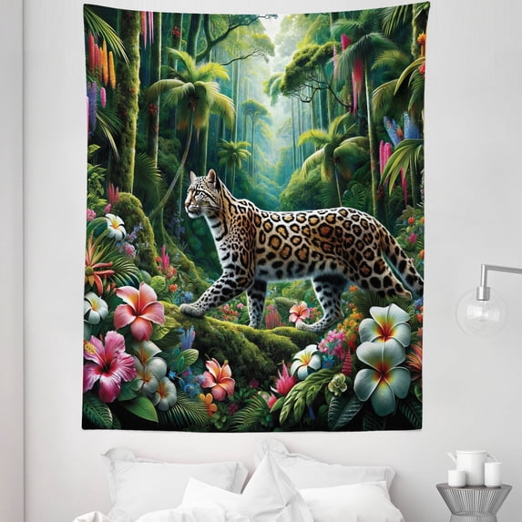 Ambesonne Cat Tapestry Twin Size, Exotic Wild Floral Jungle Scene, 68"x88", Green and Multicolor