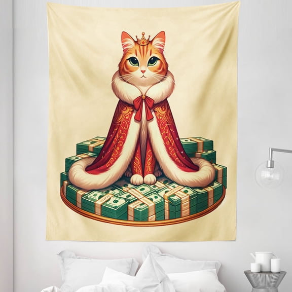 Ambesonne Cat Tapestry Twin Size, Queen Kitty Character on Money, 68"x88", Cream Hunter Green and Orange