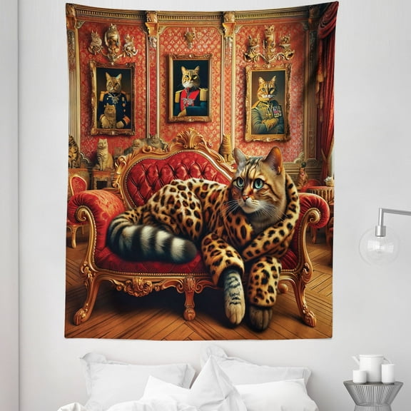 Ambesonne Cat Tapestry Twin Size, Royal Kitty in Leopard Coat, 68"x88", Marigold Salmon