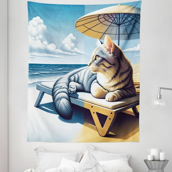 Ambesonne Cat Tapestry Twin Size, Sunbathing Kitten Seaside Shore, 68"x88", Blue Pale Mustard