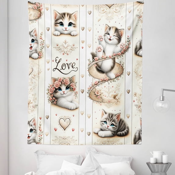 Ambesonne Cat Tapestry Twin Size, Vintage Smiling Blue Eyed Kitty, 68"x88", Ivory Pale Brown Grey
