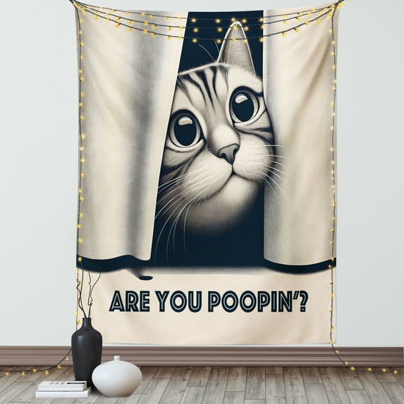 Ambesonne Cat Tapestry Wall Hanging, Are You Poopin' Retro Funny, 40"x60", Dark Blue Ivory