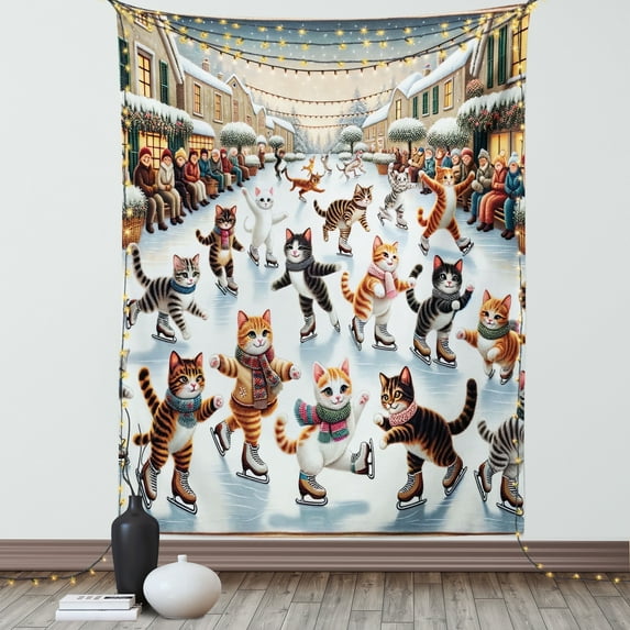 Ambesonne Cat Tapestry Wall Hanging, Cheery Kitties Ice Skating Fun, 60"x80", Orange Brown Pale Blue