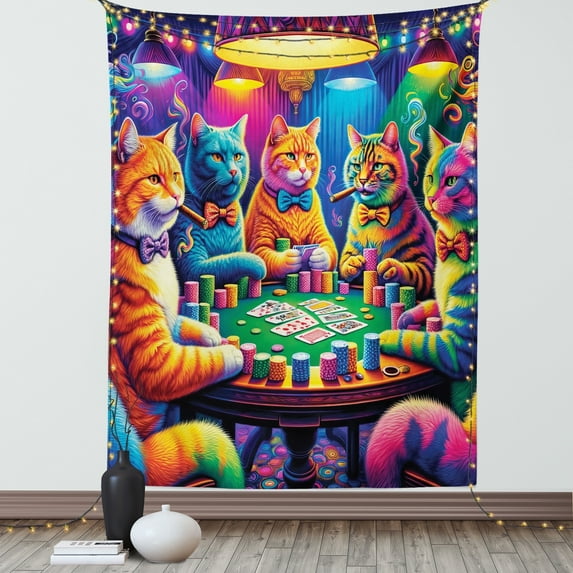 Ambesonne Cat Tapestry Wall Hanging, Colorful Kitties Play Poker, 60"x80", Magenta Orange and Purple