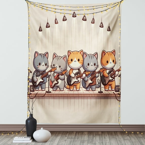Ambesonne Cat Tapestry Wall Hanging, Kawaii Kitty Guitarists Band, 40"x60", Grey Orange and Pale Tan