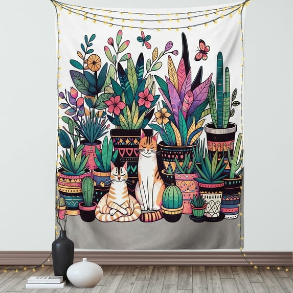 Ambesonne Cat Tapestry Wall Hanging, Modern Blooms Kitties Cozy Calm, 40"x60", Teal Pink and Purple