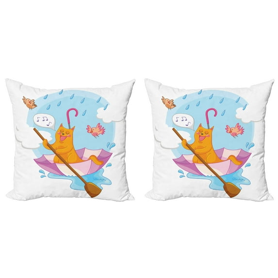 Ambesonne Cat Throw Pillow Cover 2 Pack, Cartoon Animal Birds, 16", Multicolor