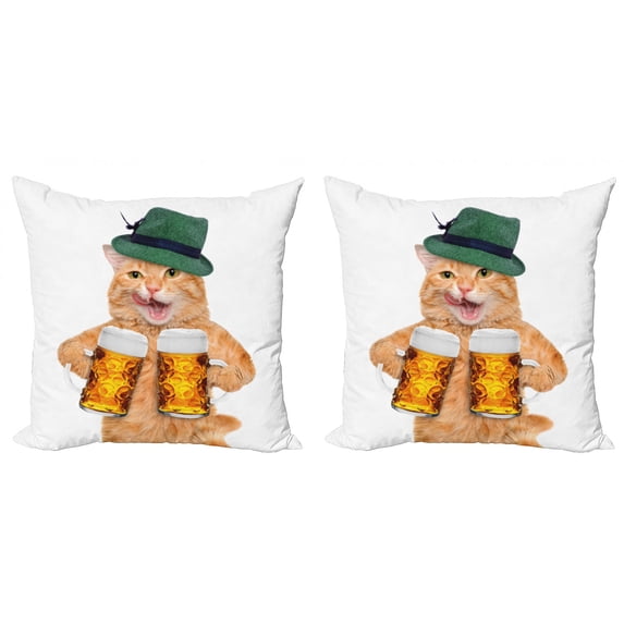Ambesonne Cat Throw Pillow Cover 2 Pack, Cool Cat Hat Beer Mug Funny, 16", Multicolor