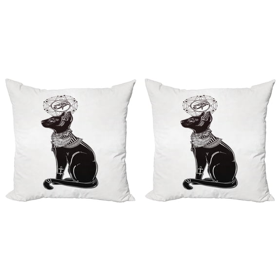 Ambesonne Cat Throw Pillow Cover 2 Pack, Egyptian Animal Motif, 18", Black Grey