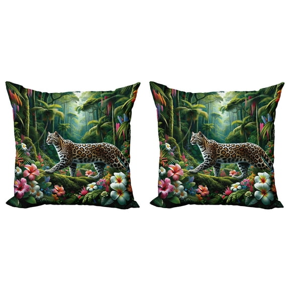 Ambesonne Cat Throw Pillow Cover 2 Pack, Exotic Wild Floral Jungle Scene, 18", Green and Multicolor
