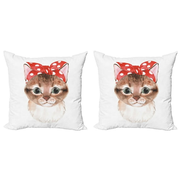 Ambesonne Cat Throw Pillow Cover 2 Pack, Kitten in a Dotted Bandana Art, 16", Vermilion Umber