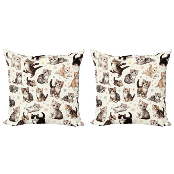 Ambesonne Cat Throw Pillow Cover 2 Pack, Little Kittens Playful Poses, 18", Off White Taupe and Grey