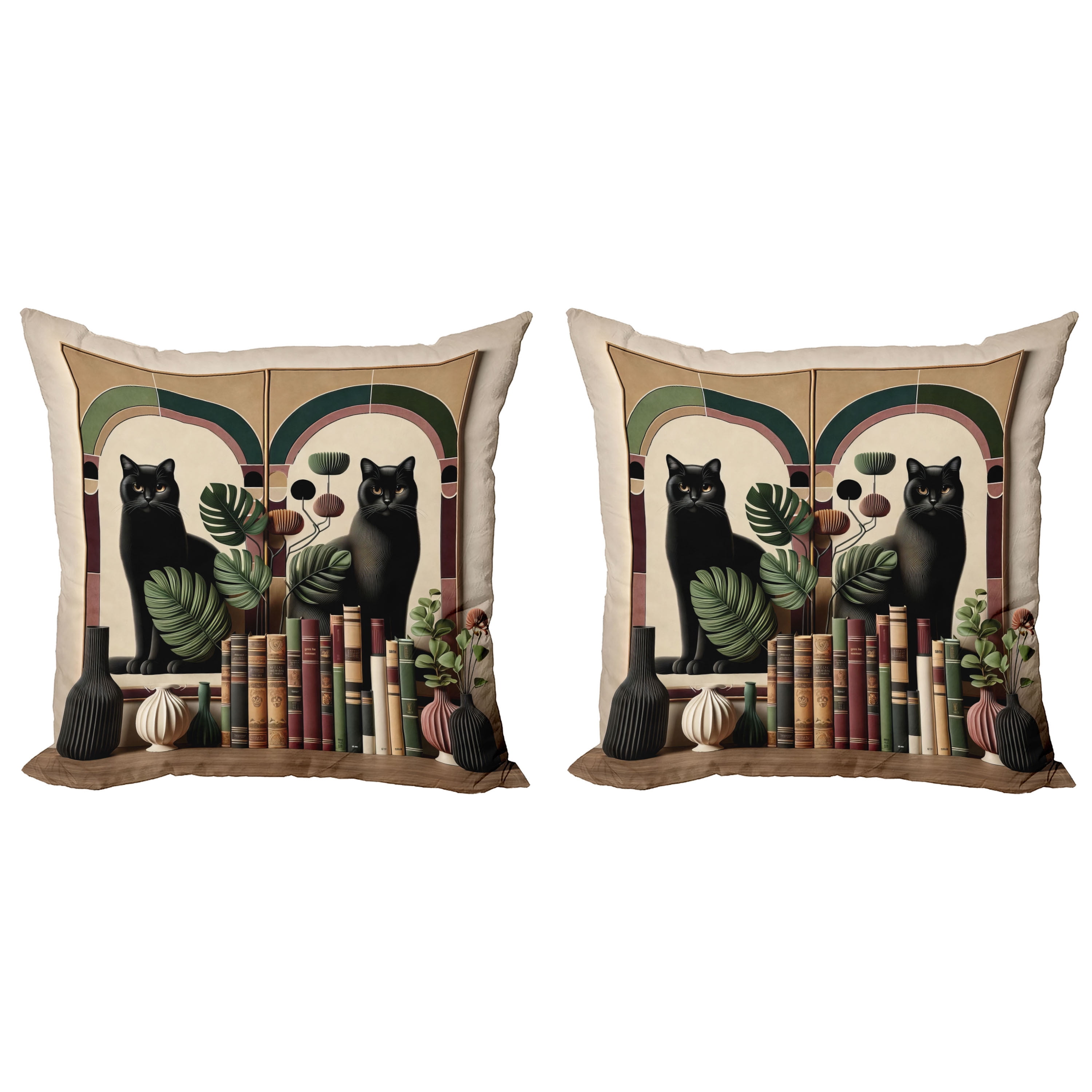 Sand Brown Maroon Green Cat Print Reversible Microfiber Throw Pillow Covers, Set of 2