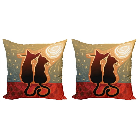 Ambesonne Cat Throw Pillow Cover 2 Pack, Moon in a Starry Sky Love, 16", Sage Green Orange