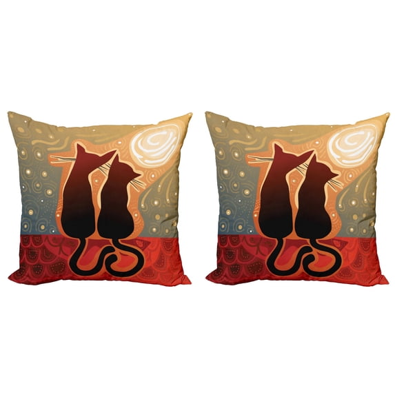 Ambesonne Cat Throw Pillow Cover 2 Pack, Moon in a Starry Sky Love, 20", Sage Green Orange