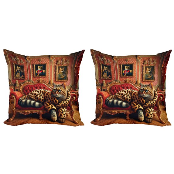 Ambesonne Cat Throw Pillow Cover 2 Pack, Royal Kitty in Leopard Coat, 24", Marigold Salmon
