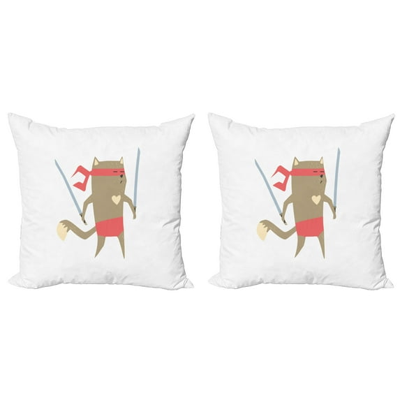 Ambesonne Cat Throw Pillow Cover 2 Pack, Samurai Figh Kitty Ninja, 20", Red Brown