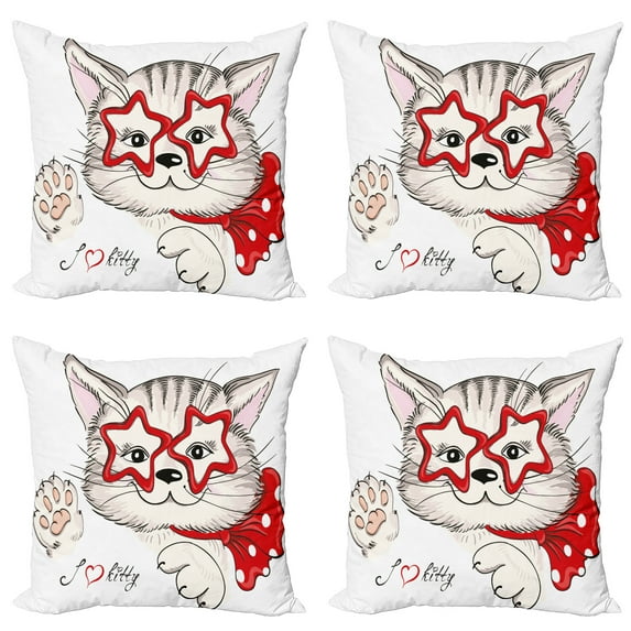 Ambesonne Cat Throw Pillow Cover 4 Pack, Cat Star Glasses Funny, 16", Pale Pink Beige and Red