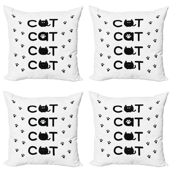 Ambesonne Cat Throw Pillow Cover 4 Pack, Cat Text with Paw Prints, 24", Black White