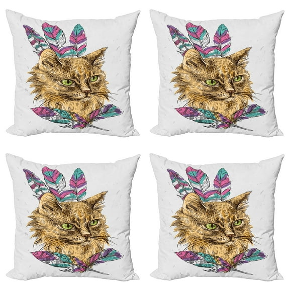 Ambesonne Cat Throw Pillow Cover 4 Pack, Cat with Colorful Feathers, 24", Multicolor