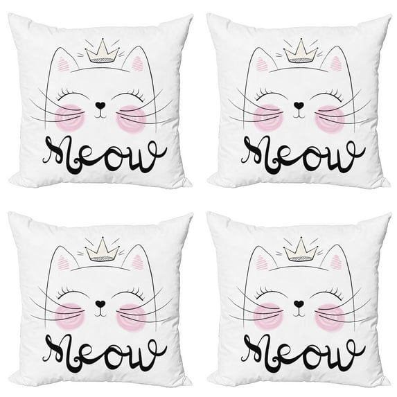 Ambesonne Cat Throw Pillow Cover 4 Pack, Charming Meow Cartoon, 24", Pale Pink Dimgray