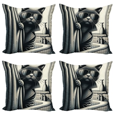 Ambesonne Cat Throw Pillow Cover 4 Pack, Cool Detective Kitty Monochrome, 16", Dark Grey Pale Sepia