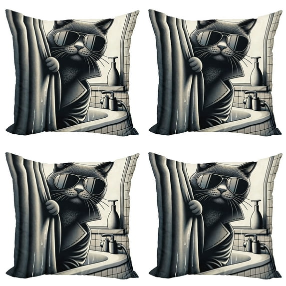 Ambesonne Cat Throw Pillow Cover 4 Pack, Cool Detective Kitty Monochrome, 18", Dark Grey Pale Sepia