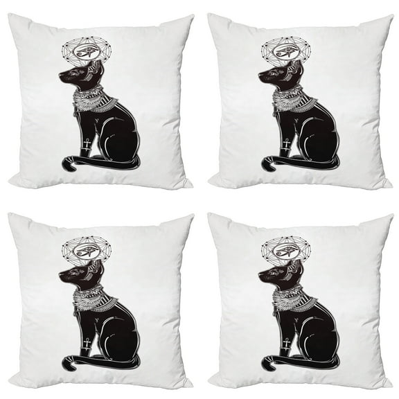Ambesonne Cat Throw Pillow Cover 4 Pack, Egyptian Animal Motif, 18", Black Grey