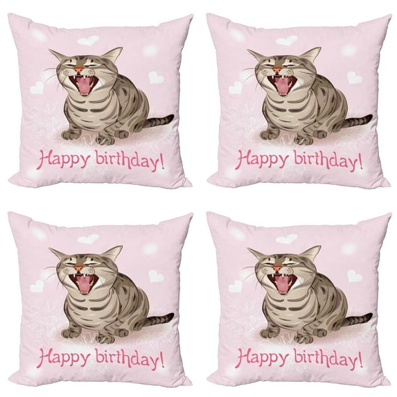 Ambesonne Cat Throw Pillow Cover 4 Pack, Funny Kitten Greeting Song, 20", Pale Pink Brown