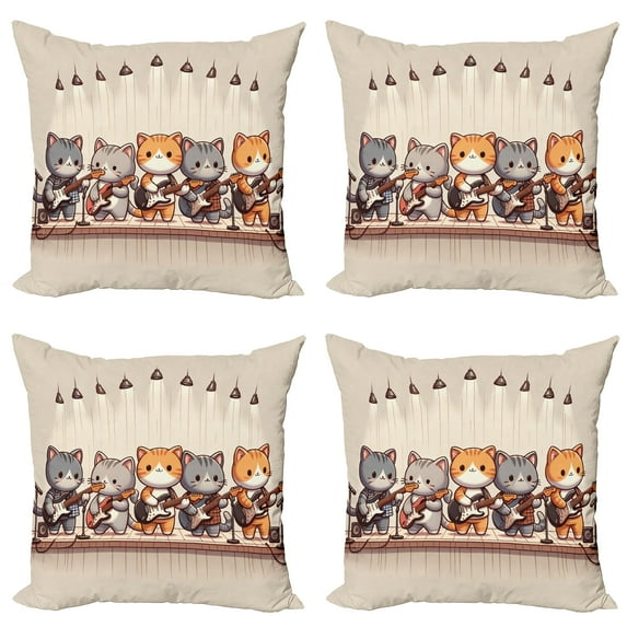 Ambesonne Cat Throw Pillow Cover 4 Pack, Kawaii Kitty Guitarists Band, 16", Grey Orange and Pale Tan
