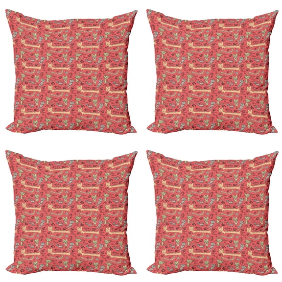 Ambesonne Cat Throw Pillow Cover 4 Pack, Kitty Doodle Paws Bow Tie, 16", Multicolor