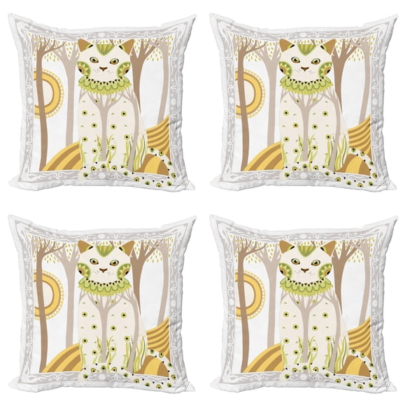 Ambesonne Cat Throw Pillow Cover 4 Pack, Magic Kitty Ornate, 16", Multicolor