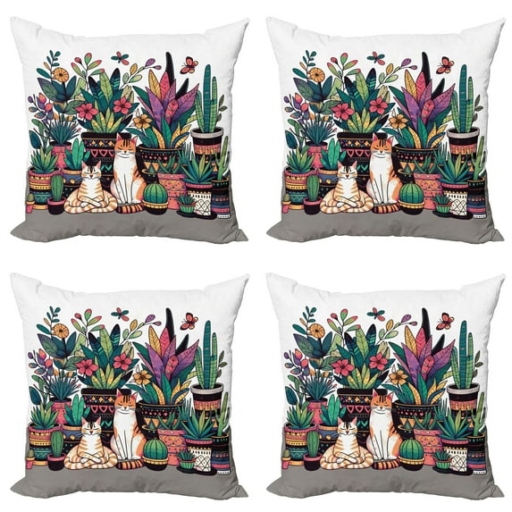 Ambesonne Cat Throw Pillow Cover 4 Pack, Modern Blooms Kitties Cozy Calm, 24", Teal Pink and Purple