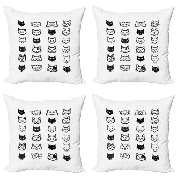 Ambesonne Cat Throw Pillow Cover 4 Pack, Monochrome Face Design, 20", Black White