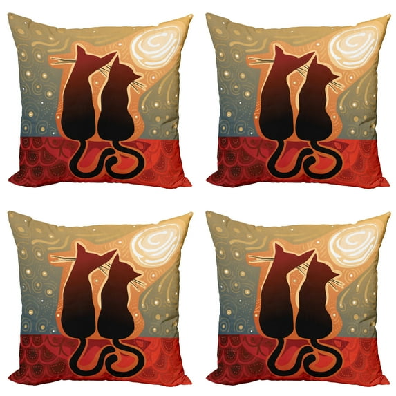 Ambesonne Cat Throw Pillow Cover 4 Pack, Moon in a Starry Sky Love, 20", Sage Green Orange